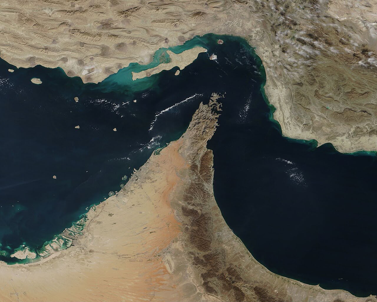 Satellite view of the Strait of Hormuz between Iran and Oman.