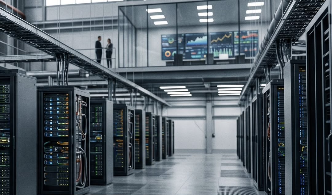 Modern data center facility with server racks and an elevated glass control room.